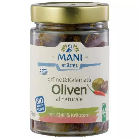 Grne & Kalamata Oliven al naturale mit Chili & Krutern (Mani)