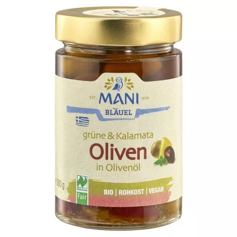 Grne & Kalamata Oliven, in Olivenl mit Krutern (Mani - Bluel)